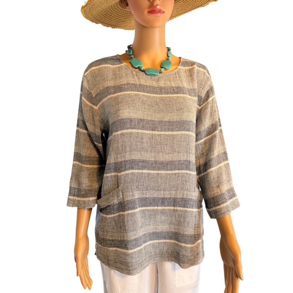 Pure Jill Linen Denim Blue & White Stripe Top, Women's Size S